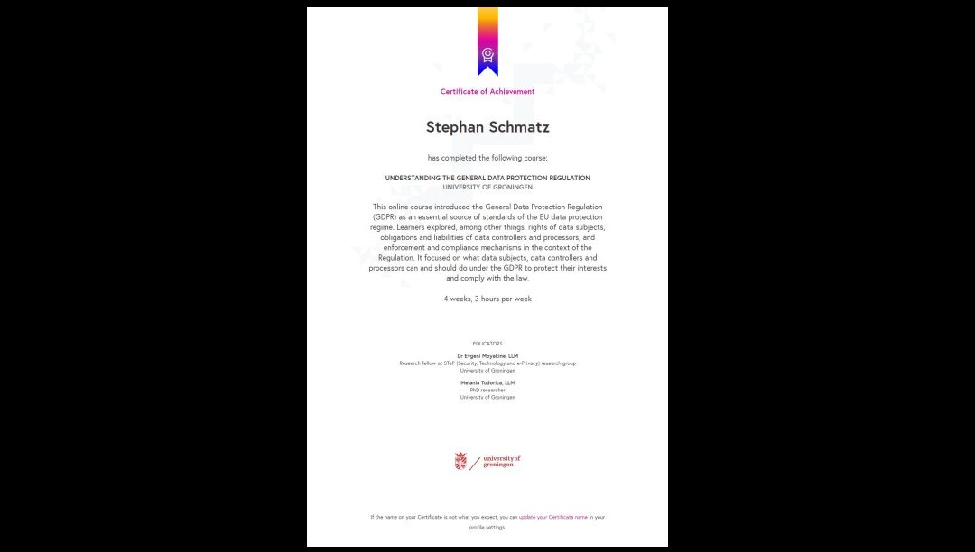 Kurs zur Datenschutz-Grundverordnung erfolgreich abgeschlossen
